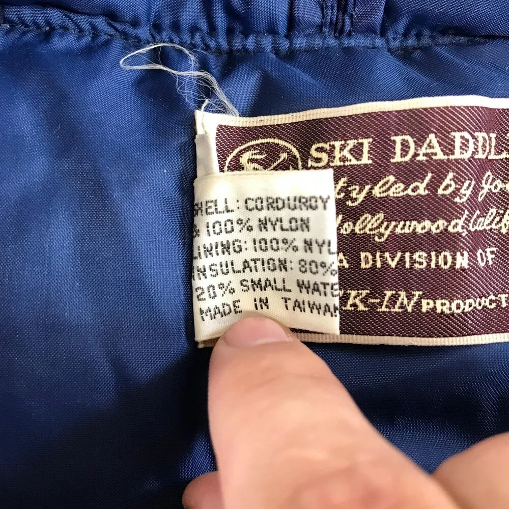 Vintage Ski Daddle Vest Mens Large Blue Corduroy Down Puffer Western Snap Front